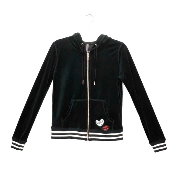 Betsey Johnson Velour Hoodie Zip Front Black Size Small Love! Lips Patch New NWT - Picture 1 of 8